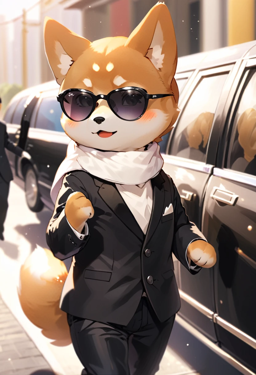 Shiba Inu Hund, trägt komplett schwarzen Anzug, weißer Schal, Sonnenbrille, aus einer Limousine aussteigen wie ein Boss, Yakuza-Stil, pelziger Anime, Cowboy-Schuss, dynamische Vision, Ultra-HD-Qualität