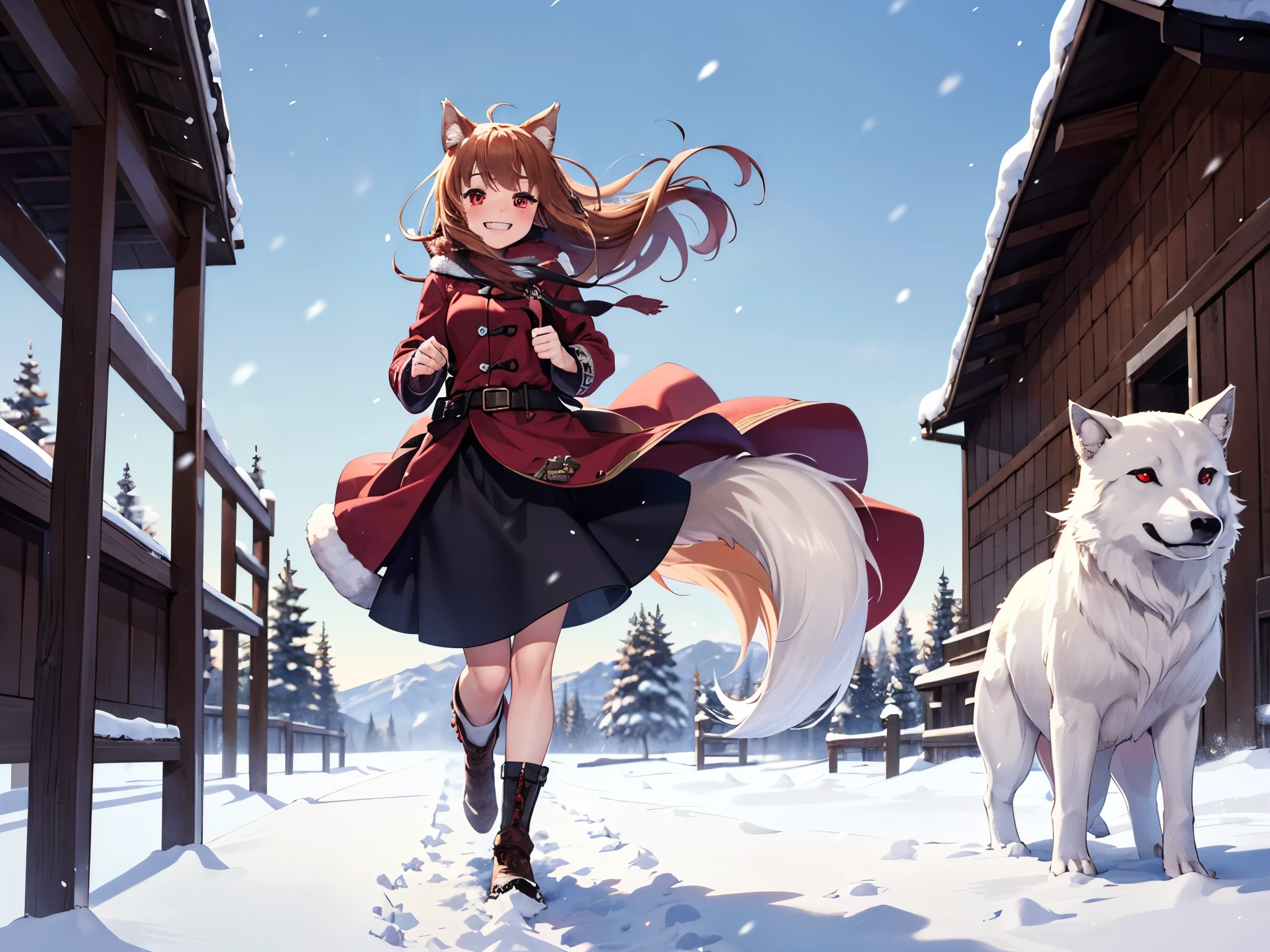 1 girl, wolf ears, brown hair,Grinning, running,red eyes,Wearing medieval style dress ,medium hair, standing,snowing, strong wind, flying hair, blizzard, at the north pole,  wolf tail with the tip white color