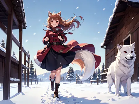 1 girl, wolf ears, brown hair,grinning, running,red eyes,wearing medieval style dress ,medium hair, standing,snowing, strong win...