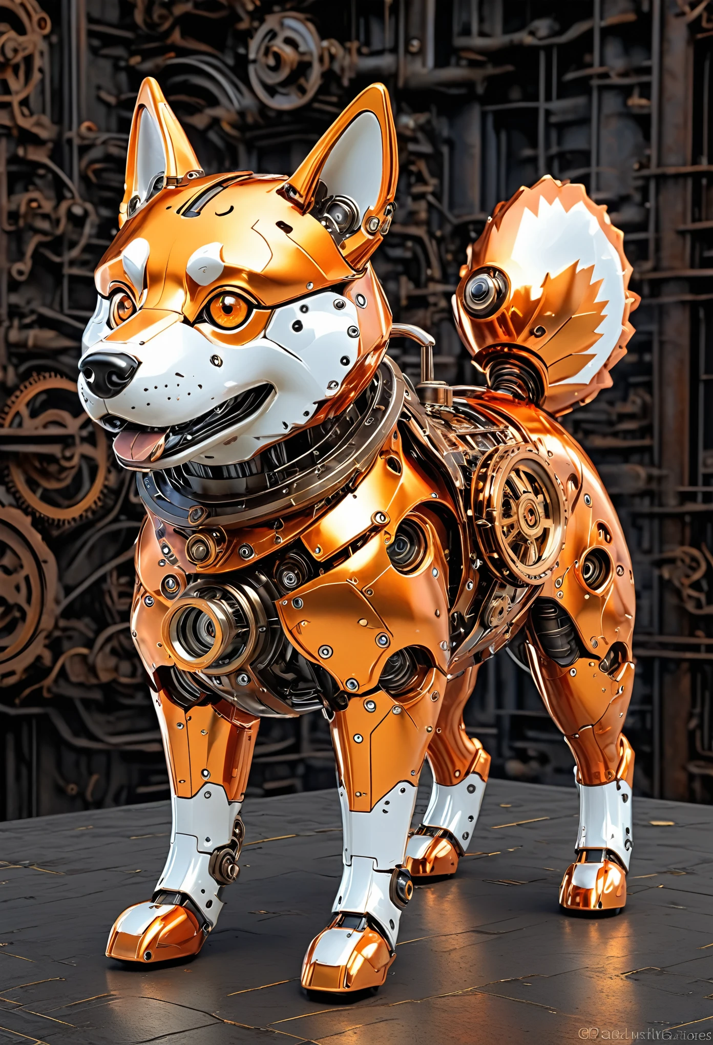 a mechanical Shiba Inu,orange metallic material,detailed gears,sparkling eyes,shiny surface,mechanical movement,life-like design,(best quality,highres),(realistic:1.37),(HDR),(industrial,steampunk),(cool tones),soft ambient lighting