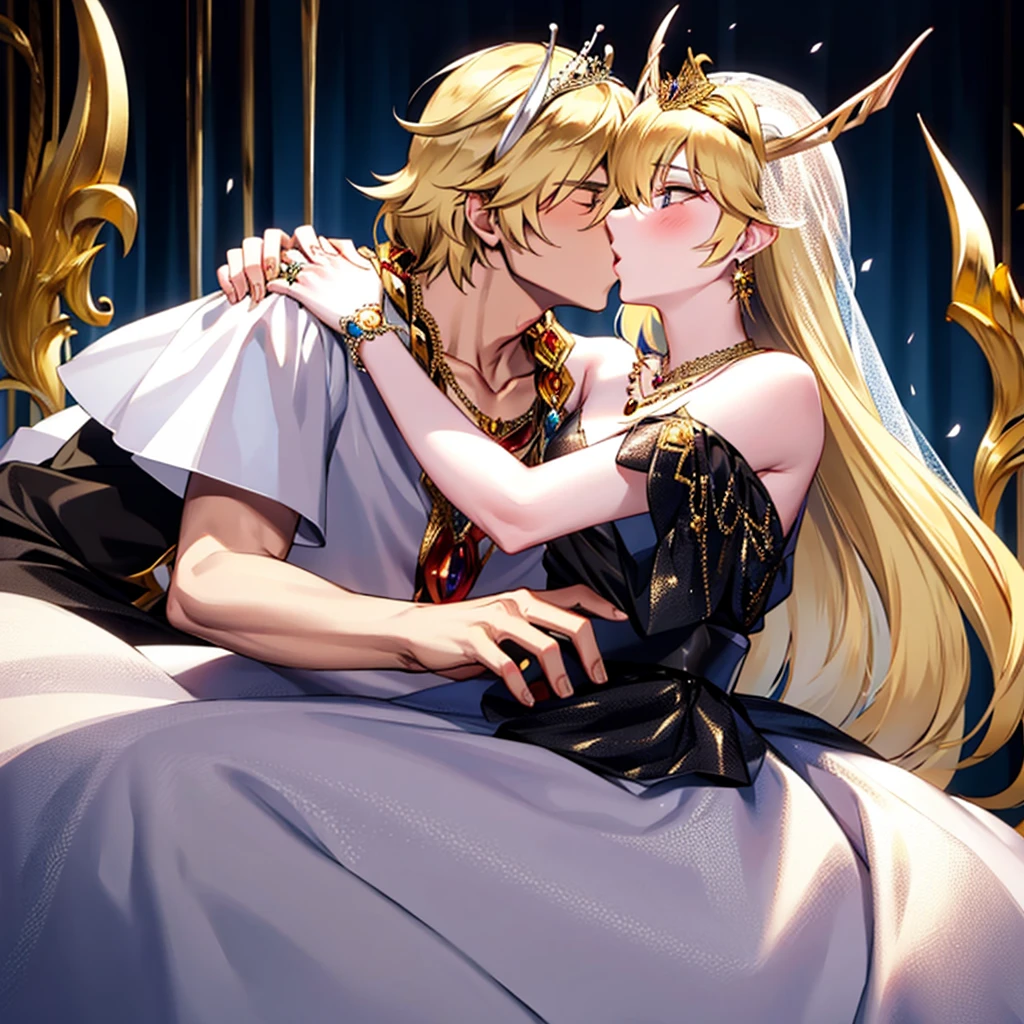 ((best quality)), ((masterpiece)), (detailed), perfect face((Magical Princess、Earrings、necklace、Engagement Rings、Blonde、Feather hair ornament、Luxury accessories、Gorgeous tiara、Gold embroidery、Black gorgeous wedding dress、Black Veil、Male Devil Kingにキスする))、Male Devil Kingと寄り添う、Male Devil Kingと結婚式、((Male Devil King、Hugging a woman、Kiss the girl as a promise))