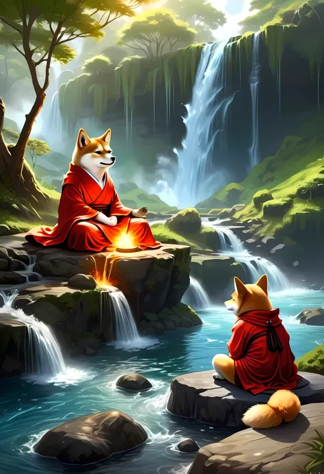 fantasy art, photorealistic, D&D art, a picture of a anthropomorphic Shiba Inu monk sitting and meditating near a waterfall, at ...