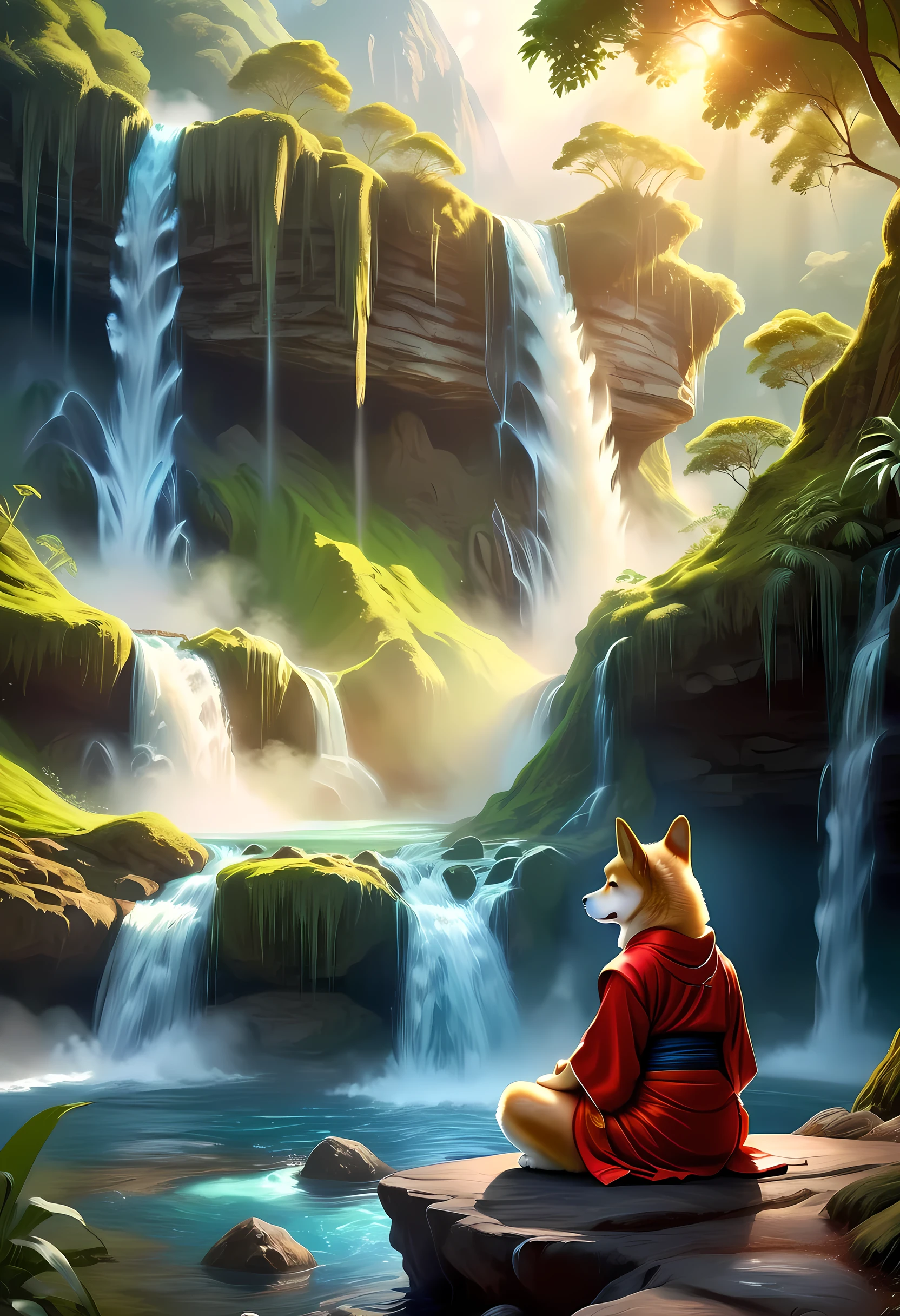 fantasy art, photorealistic, D&D art, a picture of a anthropomorphic Shiba Inu monk sitting and meditating near a waterfall, at the base of the waterfall,  there is a anthropomorphic (Shiba Inu monk: 1.5) wearing monk garbs, meditating near a bonfire near an (epic sized waterfall: 1.3), red hair, long hair, full body (best details, Masterpiece, best quality :1.5), ultra detailed face (best details, Masterpiece, best quality :1.5), light brown fur, green eyes,  water coming down from a volcanic cliff, multi level water falls, several pools created in different levels, forming new waterfalls, water cascading into a (large lava pool: 1.3) steam rising, clear water in many hues of blue and azure falling, ultra best realistic, best details, best quality, 16k, [ultra detailed], masterpiece, best quality, (extremely detailed), ultra wide shot, photorealism, depth of field, hyper realistic painting, faize 