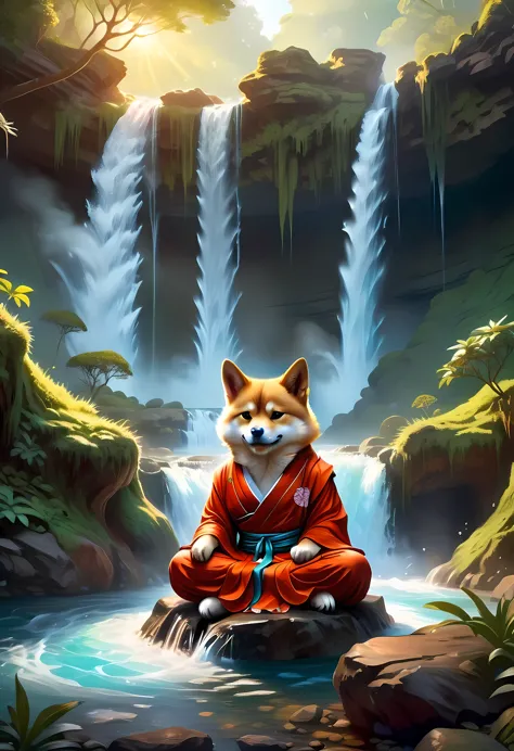 fantasy art, photorealistic, d&d art, a picture of a anthropomorphic shiba inu monk sitting and meditating near a waterfall, at ...