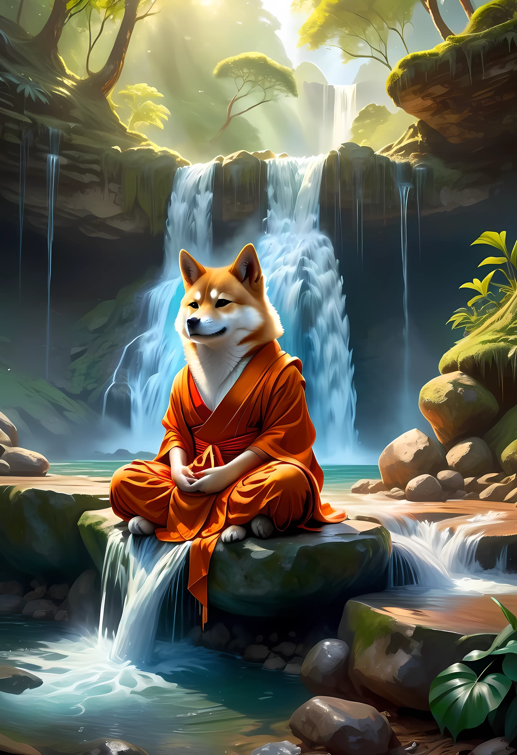 fantasy art, photorealistic, D&D art, a picture of a anthropomorphic Shiba Inu monk sitting and meditating near a waterfall, at the base of the waterfall,  there is a anthropomorphic (Shiba Inu monk: 1.5) wearing monk garbs, meditating near a bonfire near an (epic sized waterfall: 1.3), red hair, long hair, full body (best details, Masterpiece, best quality :1.5), ultra detailed face (best details, Masterpiece, best quality :1.5), light brown fur, green eyes,  water coming down from a volcanic cliff, multi level water falls, several pools created in different levels, forming new waterfalls, water cascading into a (large lava pool: 1.3) steam rising, clear water in many hues of blue and azure falling, ultra best realistic, best details, best quality, 16k, [ultra detailed], masterpiece, best quality, (extremely detailed), ultra wide shot, photorealism, depth of field, hyper realistic painting, faize 