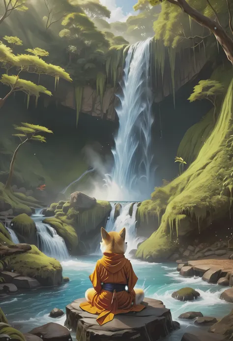 fantasy art, photorealistic, D&D art, a picture of a anthropomorphic Shiba Inu monk sitting and meditating near a waterfall, at ...