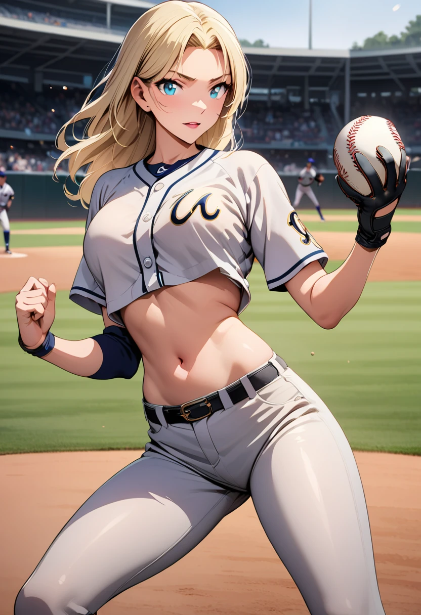 Female baseball player pitching，Batting dynamics，Correct ergonomics（1.5），masterpiece，top quality，Ultra wide-angle lens（1.5)（Realistically，Realistically：1.4），（original photo：1.4），Very beautiful CG unity 8k wallpaper，Very delicate and beautiful，Mann pays attention to detail，official art，beautiful eyes and face（1.5），Beautiful and delicate eyes，There is light on the face，（A mature beauty：1.4），Long blond hair，（Pompom）navel，upper body，Baseball uniform，He wears baseball gloves on his hands， Baseball field，Anime style