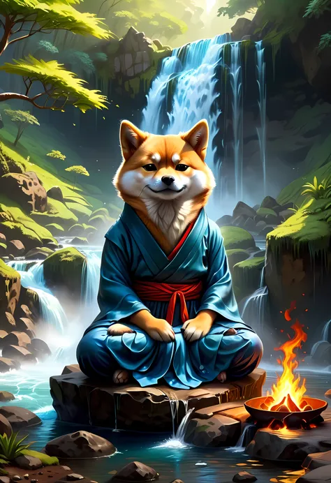 fantasy art, photorealistic, D&D art, a picture of a anthropomorphic Shiba Inu monk sitting and meditating near a waterfall, at ...