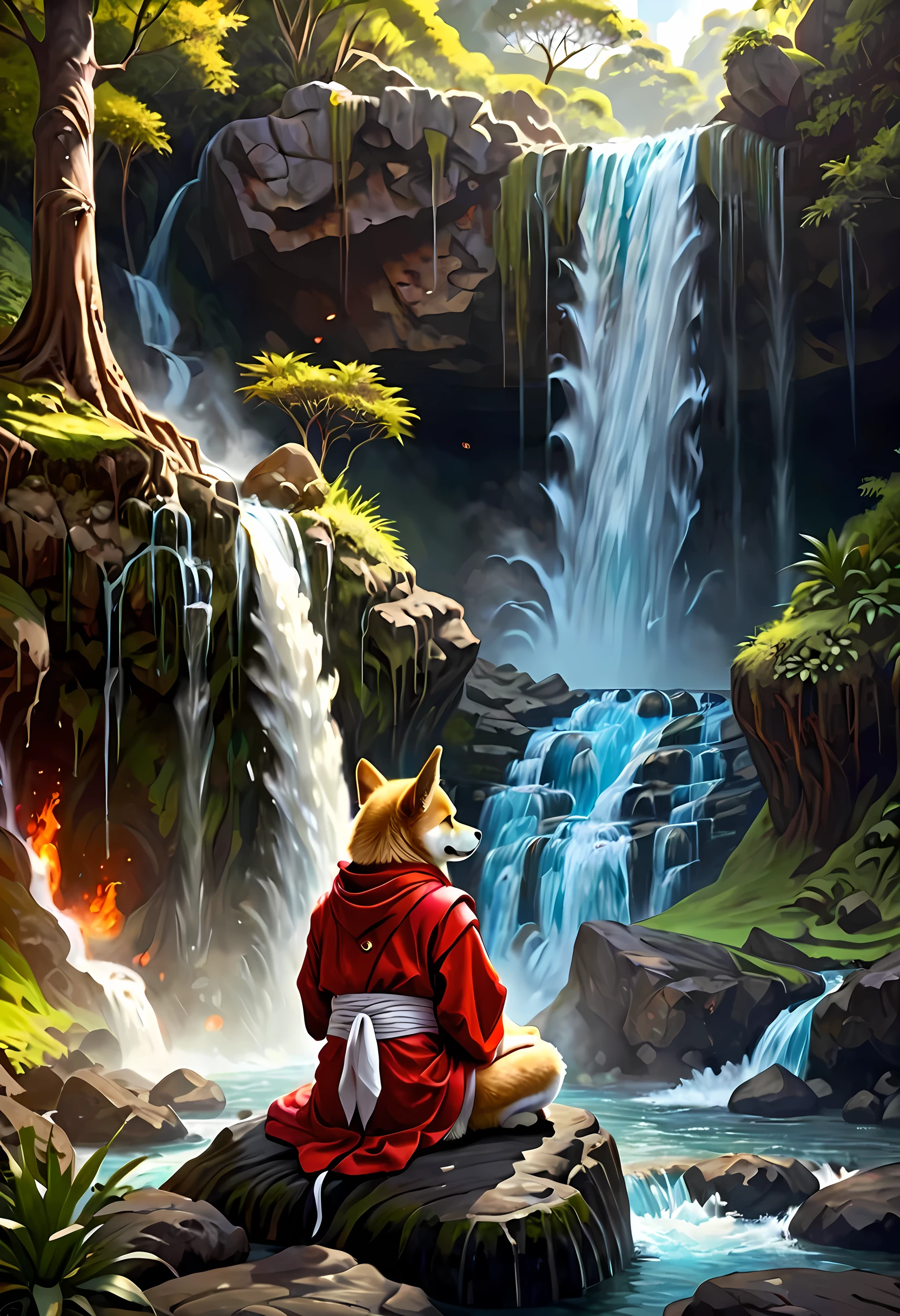 fantasy art, photorealistic, D&D art, a picture of a anthropomorphic Shiba Inu monk sitting and meditating near a waterfall, at the base of the waterfall,  there is a anthropomorphic (Shiba Inu monk: 1.5) wearing monk garbs, meditating near a bonfire near an (epic sized waterfall: 1.3), red hair, long hair, full body (best details, Masterpiece, best quality :1.5), ultra detailed face (best details, Masterpiece, best quality :1.5), light brown fur, green eyes,  water coming down from a volcanic cliff, multi level water falls, several pools created in different levels, forming new waterfalls, water cascading into a (large lava pool: 1.3) steam rising, clear water in many hues of blue and azure falling, ultra best realistic, best details, best quality, 16k, [ultra detailed], masterpiece, best quality, (extremely detailed), ultra wide shot, photorealism, depth of field, hyper realistic painting, faize 