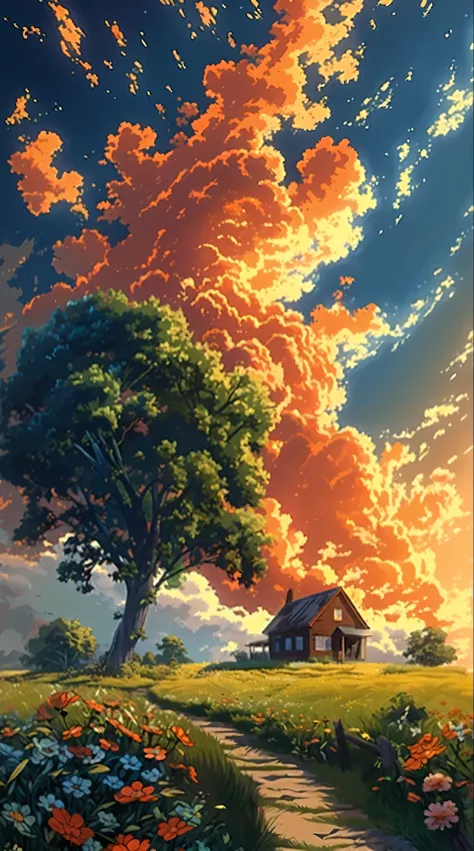 painting of a house in a field with a tree and flowers, anime sky, anime landscape wallpaper, anime countryside landscape, anime...
