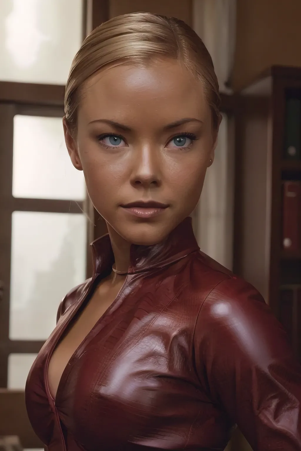 as kristanna loken t-x, kristann loken head, ultra-detailed, realistic, realistic face, perfect face, perfect nose, detailed hai...