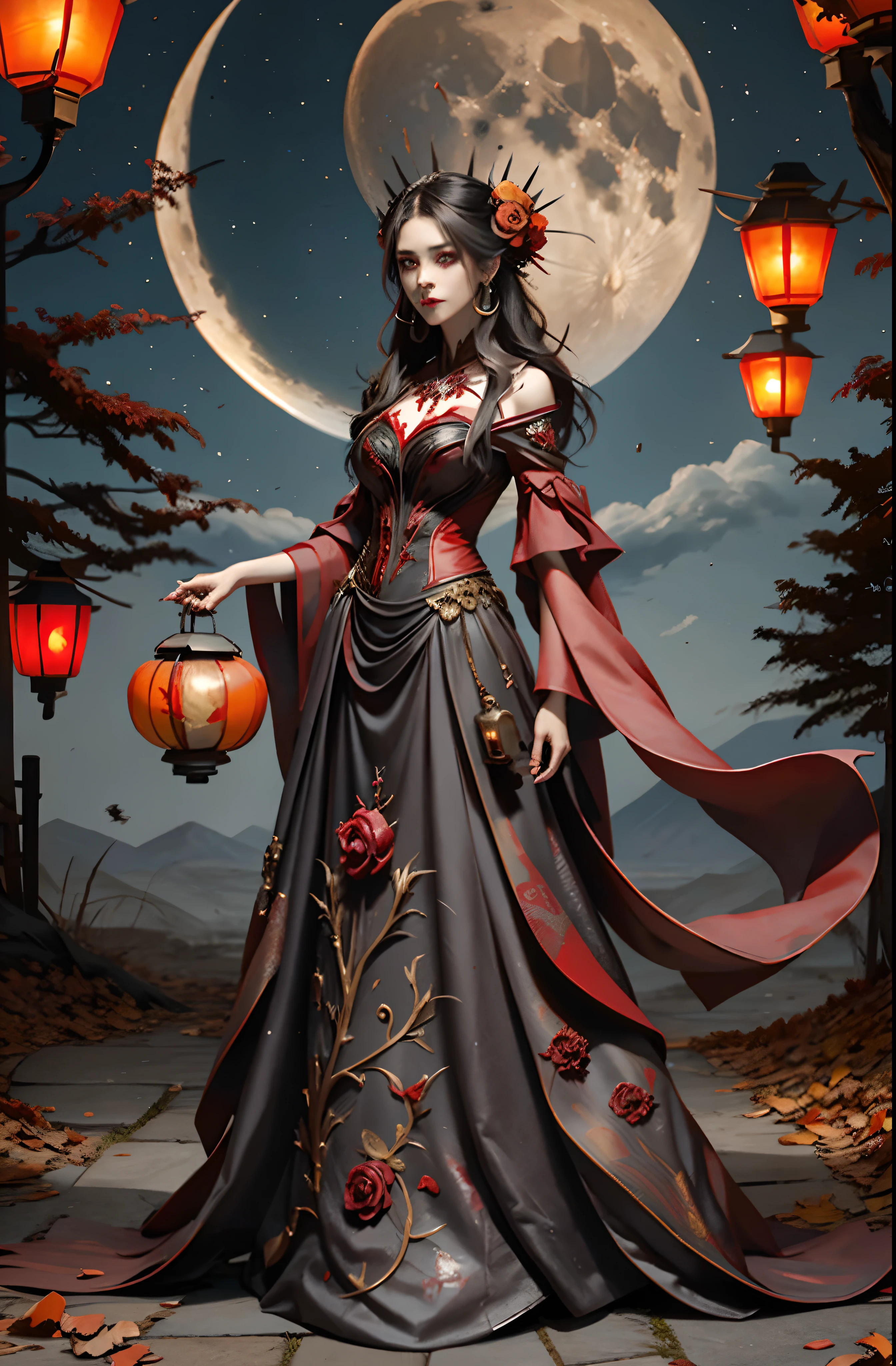 1girl,full body, Vampire vibe, blood dripping through Mouth, cinnabar enchantress, vermilion charm, yuechan_wedding_clothes, Angry look with lantern in hand, Halloween, Full moon Night, Multiple Flying Lantern in sky, Outdoor, Looking at Viewers,