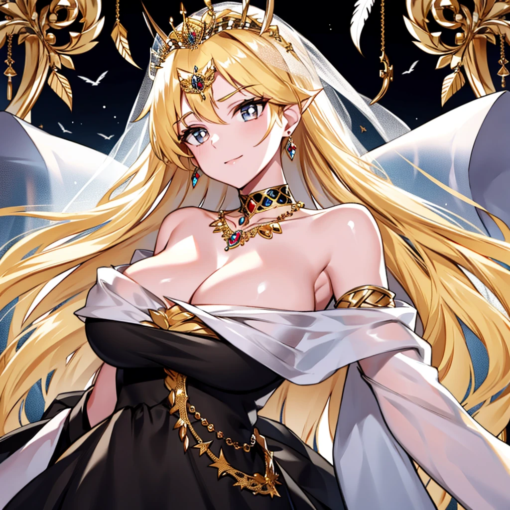 women are１people((best quality)), ((masterpiece)), (detailed), perfect face((Magical Princess、Earrings、Bracelet、necklace、Engagement Rings、Blonde、Feather hair ornament、Luxury accessories、Gorgeous tiara、Gold embroidery、Black gorgeous wedding dress、Black Veil、The Demon Queen&#39;s Crown、Black bridal gown、The Demon King&#39;s Bride))