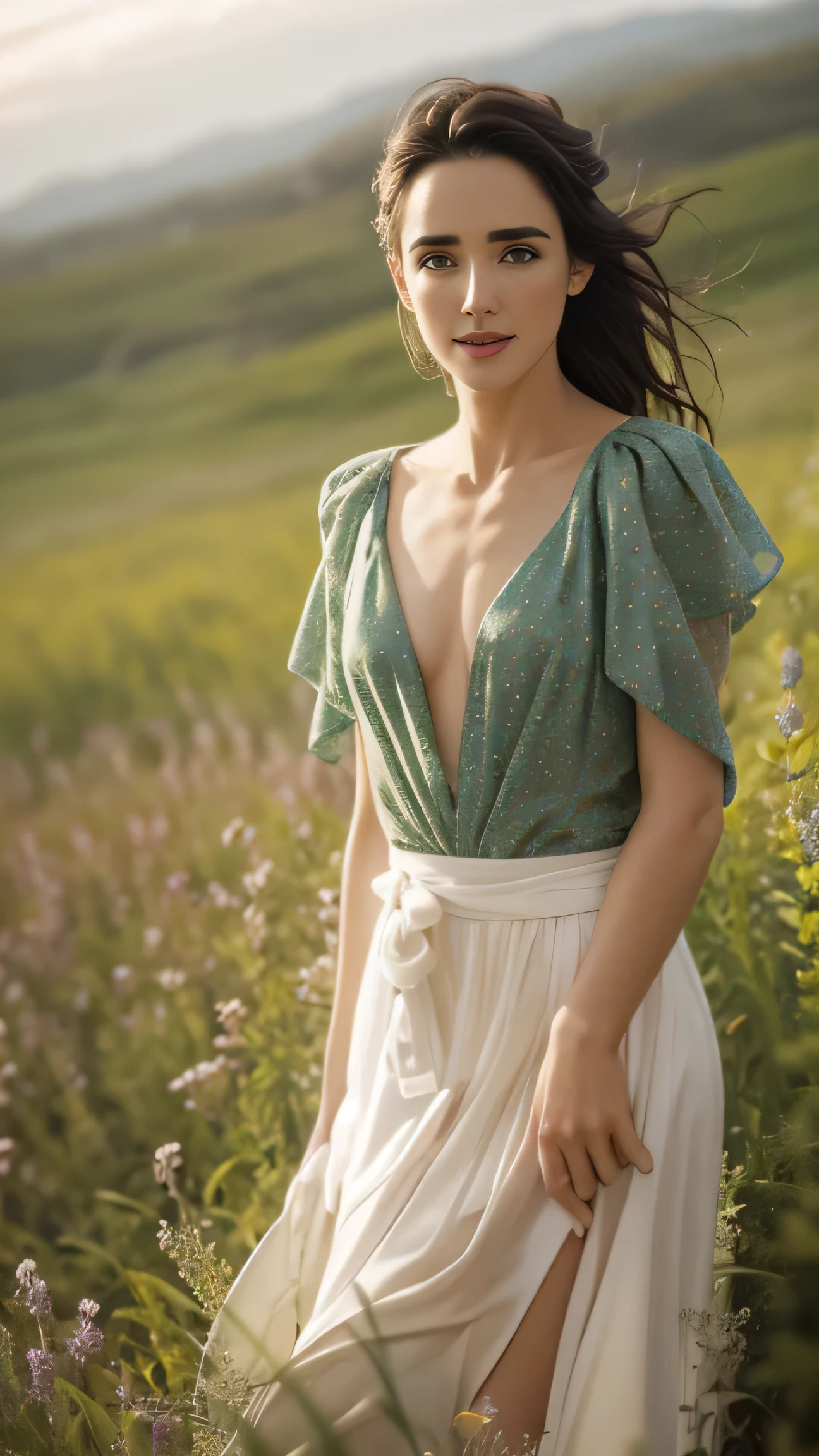 Belle femme, Jennifer Connelly, yeux verts, 25 ans, ((tout le corps)), séance photo, délicat, Mince, corps parfait, peau détaillée, sourire, délicat hands, très détaillé, netteté, Regard charmant