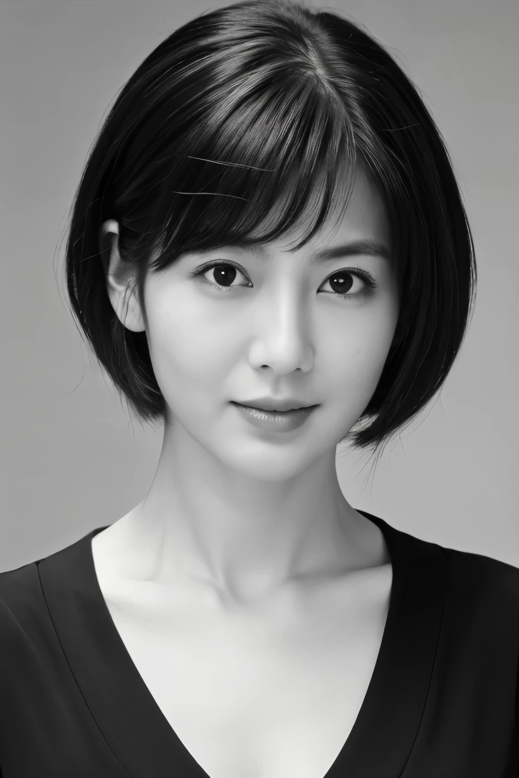 masterpiece, highest quality, Photorealistic, Very detailed, High resolution, 8k wallpaper, ((Black and white photography)), 1 girl, Skinny Japanese woman, (((Look forward))), ((Only the lips are red)), ((服はBlack and white photography)), short hair, Cleavage, Perfect Face, Straight hair, ((Look straight at the camera))