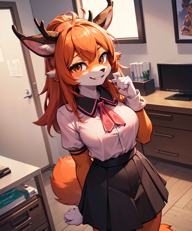 1girl, (anthro furry:1.2), TsunodaCzar, (two-toned fur, orange fur, black eyes, deer ears, horns, snout), (pink blouse, black skirt, smiling), (interior, office), (masterpiece:1.2), hires, ultra-high resolution, 8K, high quality, (sharp focus:1.2), clean, crisp, cinematic,