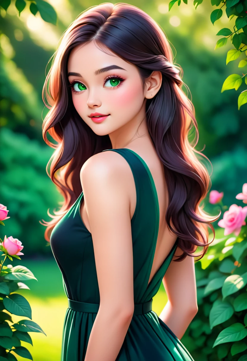 Best quality,high resolution,Ultra-detailed,(Realistic:1.37),(portrait:1.1),(photography:1.1),Vivid colors,soft lighting,beautiful detailed eyes,beautiful detailed lips,(long hair:1.1),(natural beauty:1.1),graceful pose,(black dress:1.1),rosy cheeks,green garden background,subtle bokeh,serene ambience