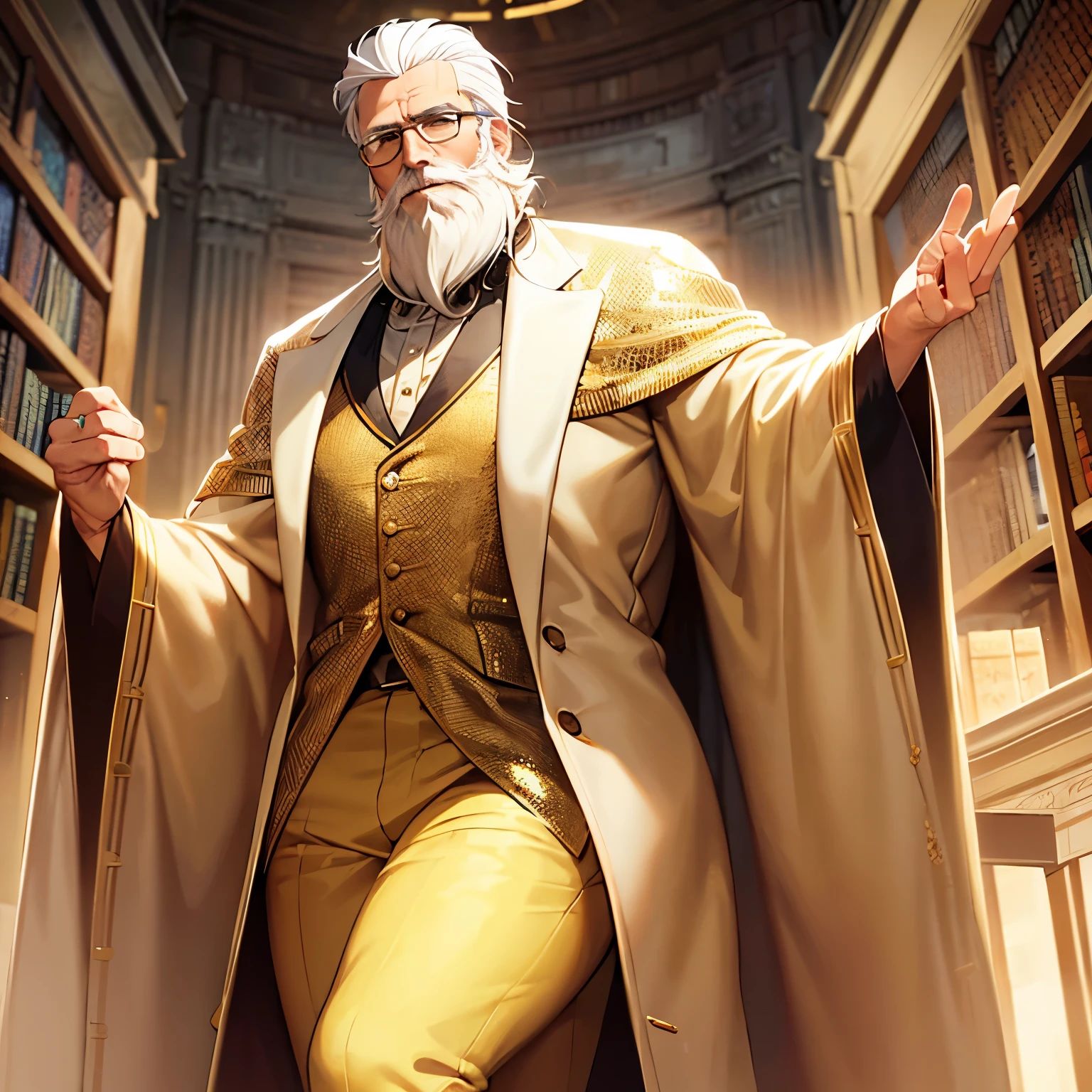 Tall old man, honey eyes, white hair, white beard, wearing a golden robe, wearing golden pants, wearing glasses, inside a library, looking at the viewer, cowboy shot, solo, masterpiece