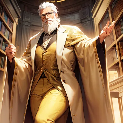 Tall old man, honey eyes, white hair, white beard, wearing a golden robe, wearing golden pants, wearing glasses, inside a librar...