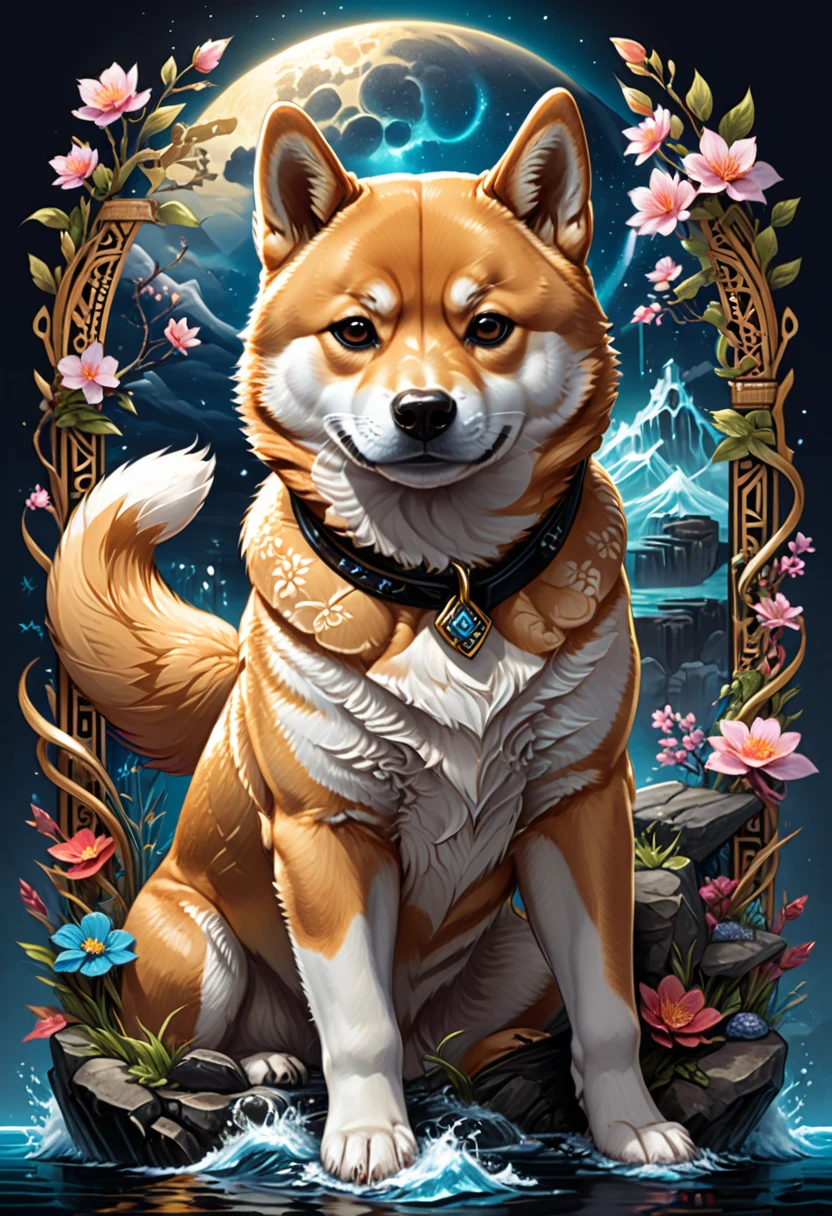 a Shiba Inu, (masterpiece, best quality, Professional, perfect composition, very aesthetic, absurdres, ultra-detailed, intricate details:1.3), by dan mumford