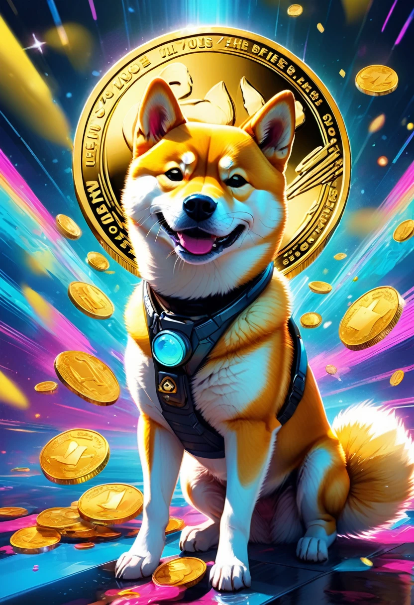 (best quality,4k,8k,highres,masterpiece:1.2),ultra-detailed,(realistic,photorealistic,photo-realistic:1.37),a Shiba Inu,dogecoin artstyle,aesthetic,memorable eyes,cheerful expression,cute round face,fluffy ears,curled tail,playful demeanor,vibrant colors,comic book illustration,vibrant background,digital painting,humorous depiction,stylized rendering,dynamic pose,suchi big doge,comic style shading,comic bubbles,elevated height perspective,shiba wearing sunglasses,dogecoin logo in the background,doge cryptocurrency mascot,eye-catching composition,funny captions,retro comic aesthetic,motion lines,emphasis of wow factor,doge meme reference,colorful bokeh lights,,impactful lighting,modern pop art influences,attention to brand identity,stylized typography,playful typography design,detailed fur texture,digital brush strokes.