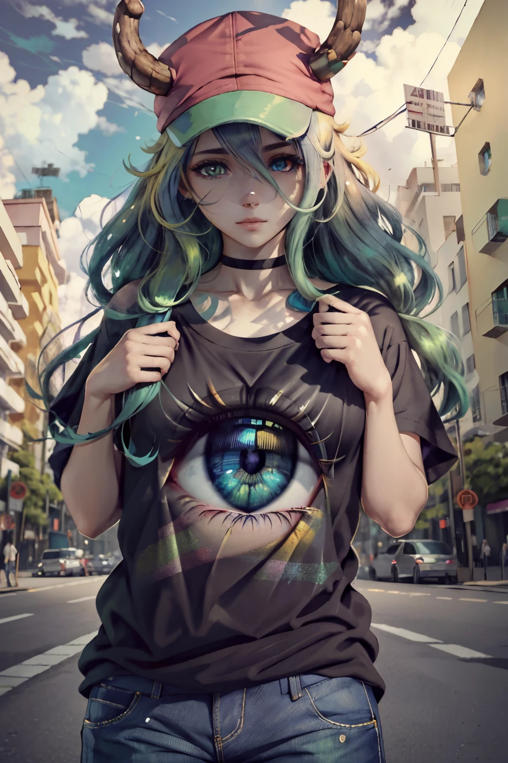 mirando al espectador, enfoque de ojos, LucoaDM, CasualCL, pantalones cortos, camiseta sin mangas, muslos, heterochromia, enfoque de ojos, ADDCOMM ojos verdes, pupilas brillantes, pupilas amarillas, lose left eye