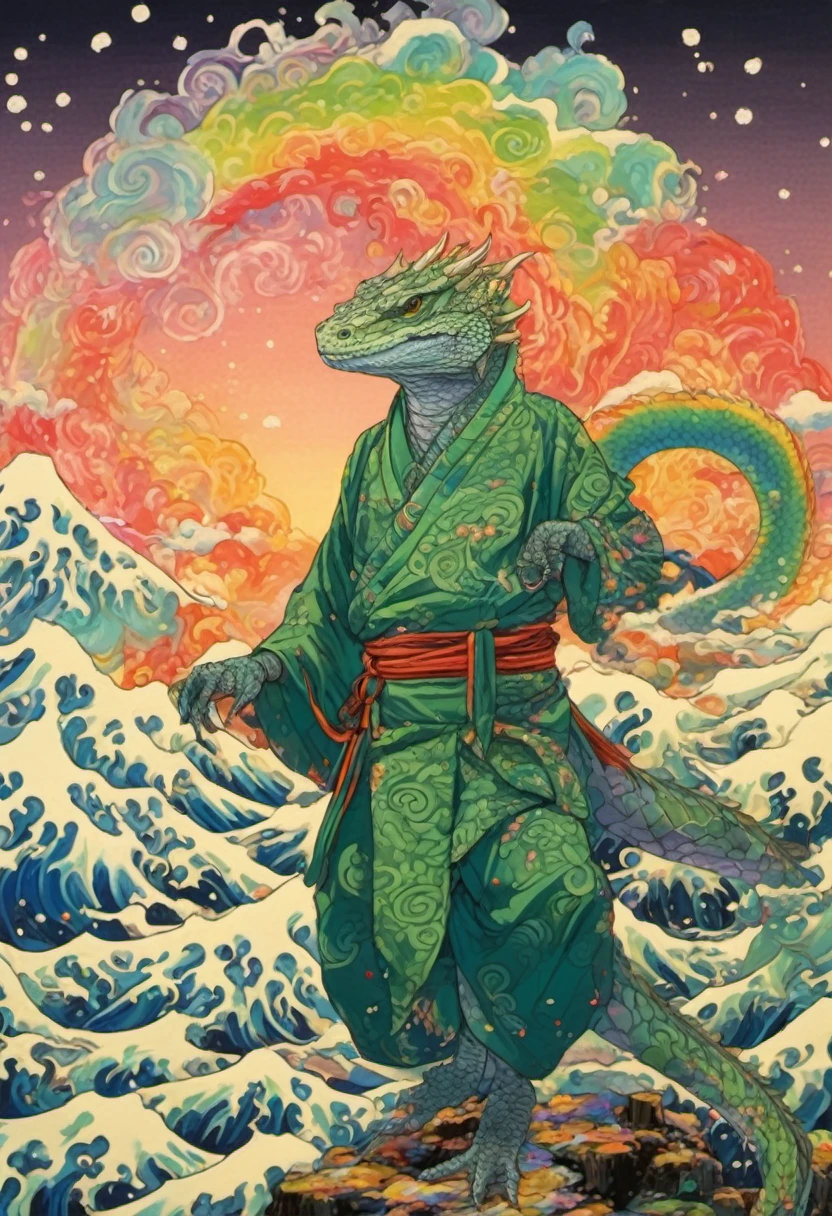 Grey and green scaled lizardman dressed like a sohei Sōhei, surrounded by a swirling rainbow lights, a magical snowy steppe in the background, twilight, drawn as an ukiyoe canvas painting