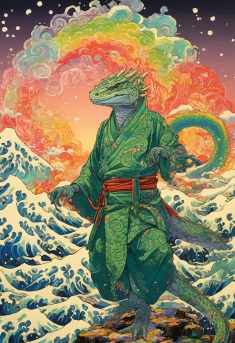 grey and green scaled lizardman dressed like a sohei sōhei, surrounded by a swirling rainbow lights, a magical snowy steppe in t...