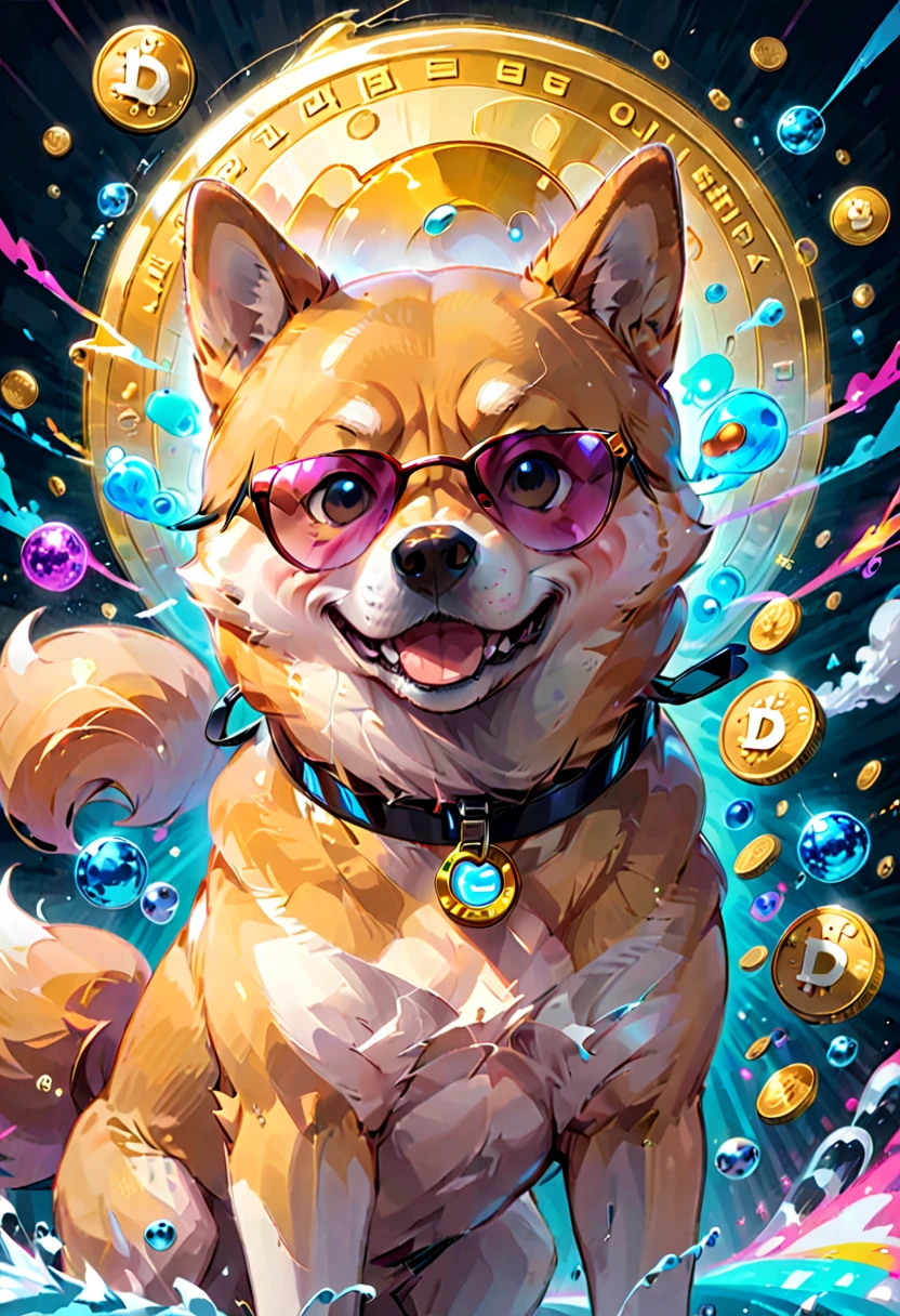 (best quality,4k,8k,highres,masterpiece:1.2),ultra-detailed,(realistic,photorealistic,photo-realistic:1.37),a Shiba Inu,dogecoin artstyle,aesthetic,memorable eyes,cheerful expression,cute round face,fluffy ears,curled tail,playful demeanor,vibrant colors,comic book illustration,vibrant background,digital painting,humorous depiction,stylized rendering,dynamic pose,suchi big doge,comic style shading,comic bubbles,elevated height perspective,shiba wearing sunglasses,dogecoin logo in the background,doge cryptocurrency mascot,eye-catching composition,funny captions,retro comic aesthetic,motion lines,emphasis of wow factor,doge meme reference,colorful bokeh lights,,impactful lighting,modern pop art influences,attention to brand identity,stylized typography,playful typography design,detailed fur texture,digital brush strokes.