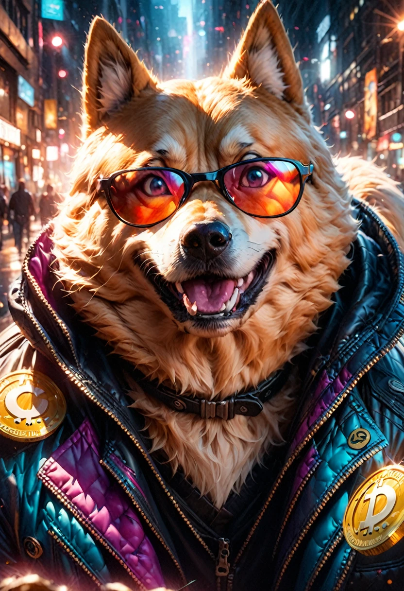 (best quality,4k,8k,highres,masterpiece:1.2),ultra-detailed,(realistic,photorealistic,photo-realistic:1.37),a Shiba Inu,dogecoin artstyle,aesthetic,memorable eyes,cheerful expression,cute round face,fluffy ears,curled tail,playful demeanor,vibrant colors,comic book illustration,vibrant background,digital painting,humorous depiction,stylized rendering,dynamic pose,suchi big doge,comic style shading,comic bubbles,elevated height perspective,shiba wearing sunglasses,dogecoin logo in the background,doge cryptocurrency mascot,eye-catching composition,funny captions,retro comic aesthetic,motion lines,emphasis of wow factor,doge meme reference,colorful bokeh lights,,impactful lighting,modern pop art influences,attention to brand identity,stylized typography,playful typography design,detailed fur texture,digital brush strokes.