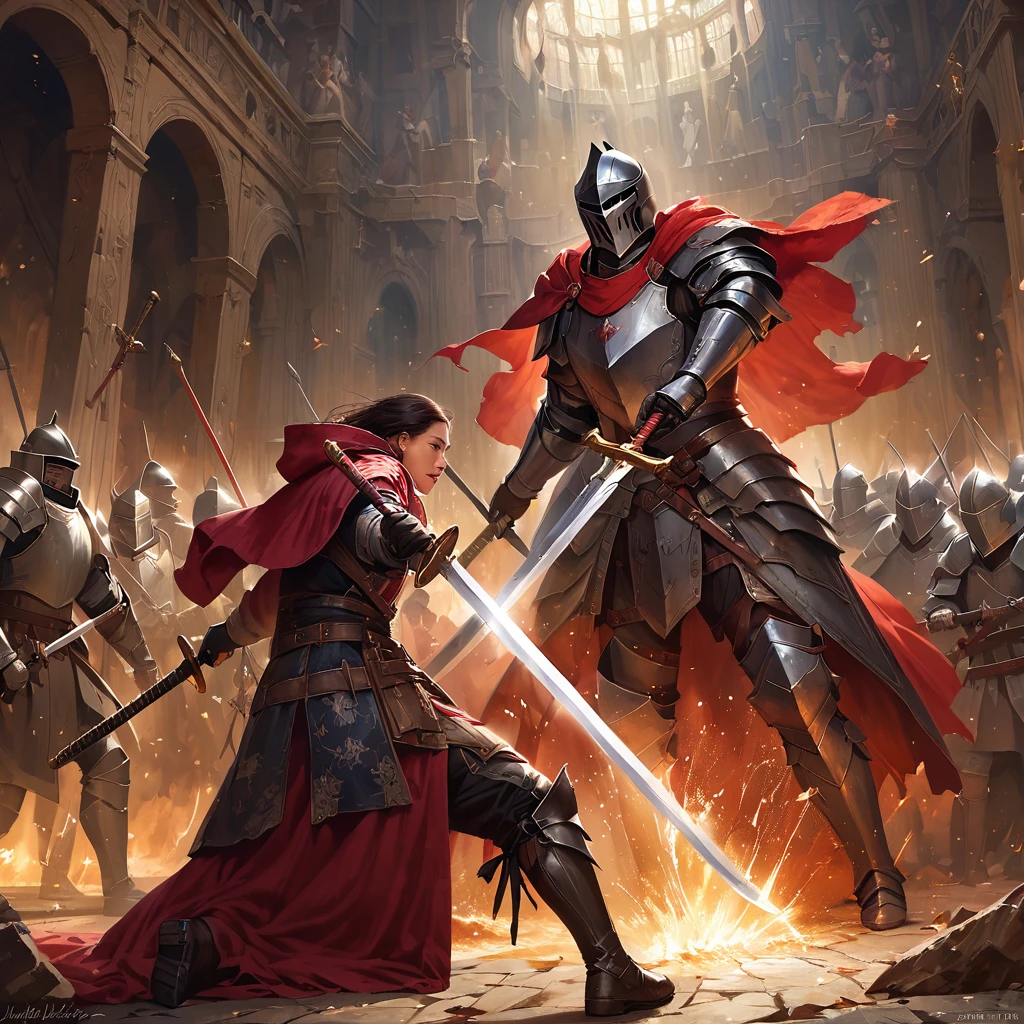 {{masterpiece、highest quality、(((Realistic、Realistic:1.37)))、((Two people fighting swords and others))、8K quality、Very delicate and beautiful、wonderful、Large file size、Very detailed、Very detailed、Cinema Lighting}}、1 long-haired albino male knight, wearing red hood、Wearing heavy armor and carrying a long sword、A scene in which several knights fight with swords、A scene from a movie、A trail of light from a sword slash shining in the darkness、arm, body, Fighters々The swords do not overlap、Intense knight sword fighting and flashes of light、Anatomically accurate body depiction、Inside the feudal lord&#39;s castle