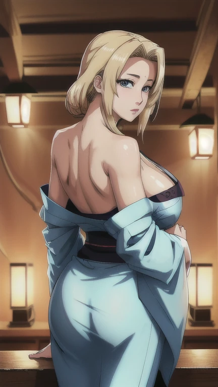 Tsunade, 1 girl, blonde hair, perfect eyes, symmetric eyes, big breasts, mature female, (masterpiece:1.2, best quality:1.2, beautiful, high quality, highres:1.1, aesthetic), detailed, extremely detailed, ambient soft lighting, 4K, perfect lighting,  yukata, POV from behind, shoulder blades, official artwork, (SFW)
