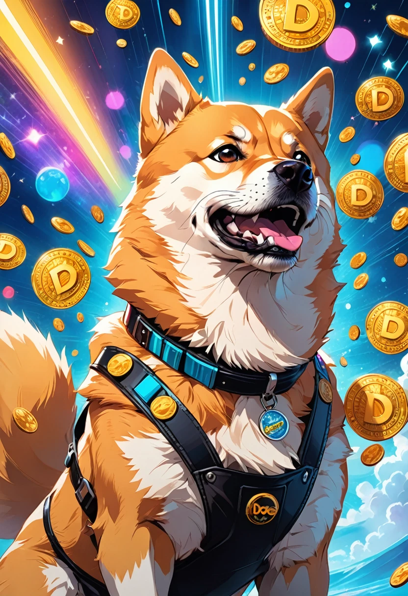 (best quality,4k,8k,highres,masterpiece:1.2),ultra-detailed,(realistic,photorealistic,photo-realistic:1.37),a Shiba Inu,dogecoin artstyle,aesthetic,memorable eyes,cheerful expression,cute round face,fluffy ears,curled tail,playful demeanor,vibrant colors,comic book illustration,vibrant background,digital painting,humorous depiction,stylized rendering,dynamic pose,suchi big doge,comic style shading,comic bubbles,elevated height perspective,shiba wearing sunglasses,dogecoin logo in the background,doge cryptocurrency mascot,eye-catching composition,funny captions,retro comic aesthetic,motion lines,emphasis of wow factor,doge meme reference,colorful bokeh lights,,impactful lighting,modern pop art influences,attention to brand identity,stylized typography,playful typography design,detailed fur texture,digital brush strokes.