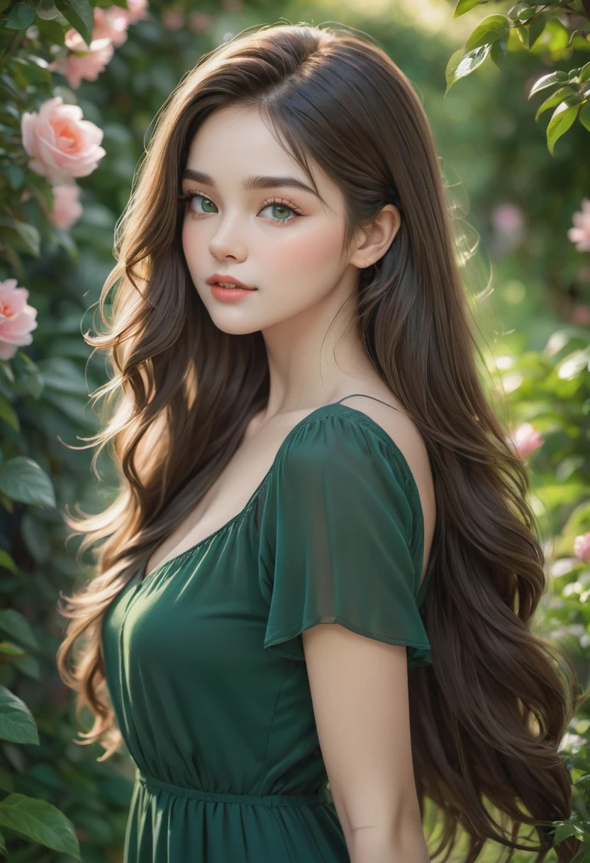Best quality,high resolution,Ultra-detailed,(Realistic:1.37),(portrait:1.1),(photography:1.1),Vivid colors,soft lighting,beautiful detailed eyes,beautiful detailed lips,(long hair:1.1),(natural beauty:1.1),graceful pose,(black dress:1.1),rosy cheeks,green garden background,subtle bokeh,serene ambience