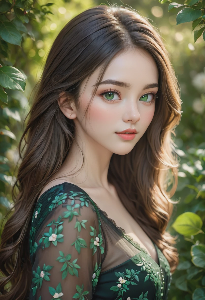 Best quality,high resolution,Ultra-detailed,(Realistic:1.37),(portrait:1.1),(photography:1.1),Vivid colors,soft lighting,beautiful detailed eyes,beautiful detailed lips,(long hair:1.1),(natural beauty:1.1),graceful pose,(black dress:1.1),rosy cheeks,green garden background,subtle bokeh,serene ambience