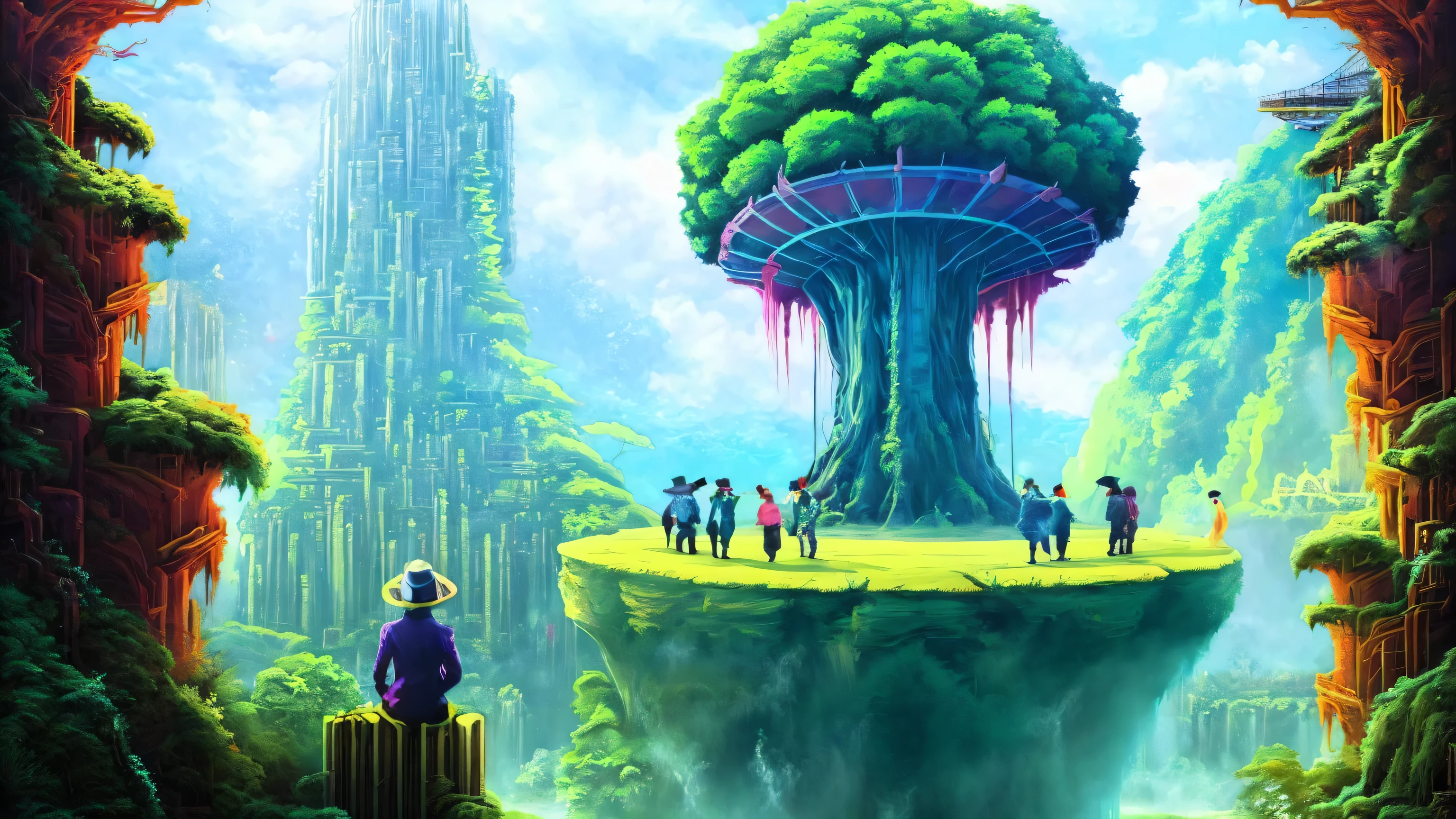 8K, Alien wearing a top hat and smoking a cigarette, Hyper, cyber punk, Made from ruins, Skyscraper, Taipei City, Painting of a tree with a bridge, Fantasy valley with trees, Highly detailed fantasy, Fantasy Tree, Colorful detailed dreamscape, Cosmic Tree of Life, Boy looking at pictures