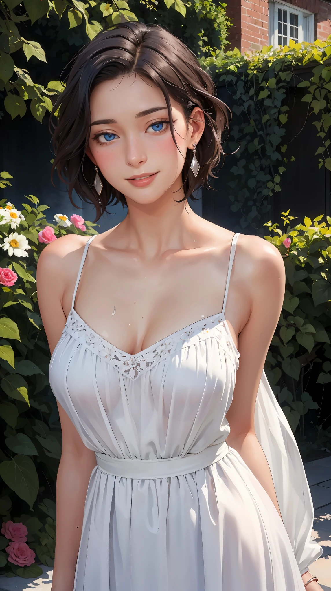 ((((masterpiece, best quality, high resolution)))), Extremely detailed 8K, Beautiful girl with voluptuous body, (Ultra HD, Ultra-detailed, Highly detailed, Highly realistic, Ultra-realistic, photograph realistic), (1girl:1.5), (Realistic black hair), (short wavy hair, earrings), (dynamic poses), facing at camera, looking at viewer, (blushing red, embarrassed, smile), (blue eyes, sharp eyes), (perky breasts:1.2), (beautiful detailed face, beautiful detailed eyes), ((white maxi sundress)), (standing up), sweat, glow, (sunbeam, sunlight), ((cowboy shot)), garden, seductive