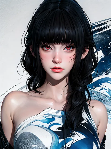 epic, luna, red eyes, black hair, blunt bangs, low side tied hair, thin lines, x-ray effect, threads, landscape, hyperrealism, m...