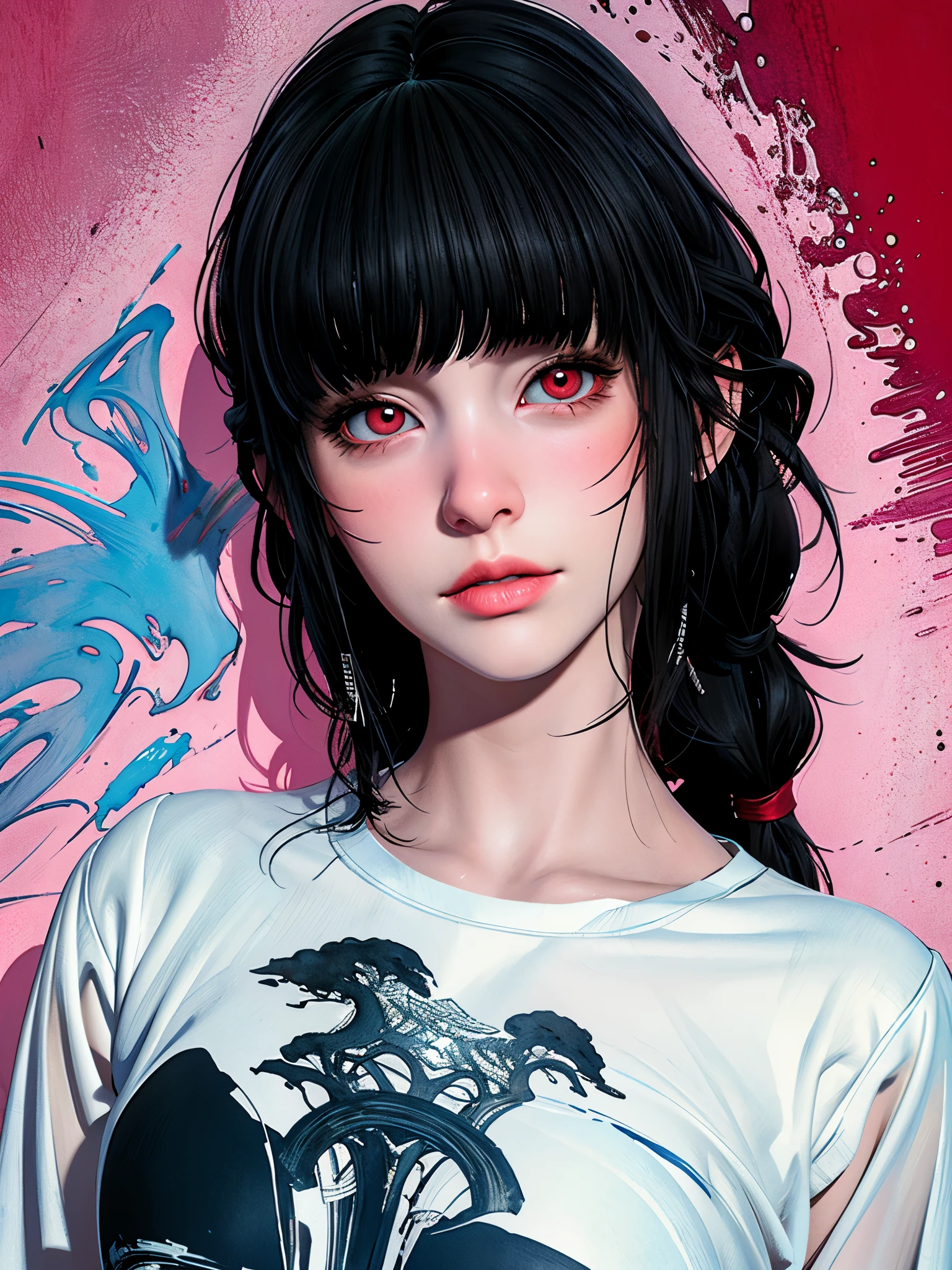 epic, Luna, red eyes, black hair, blunt bangs, low side tied hair, thin lines, x-ray effect, threads, school,  hyperrealism, micro-details, surreal, detailing, transparent watercolor+ink, pastel shades, clear outline, incredible beautiful landscape,engraving, color illustration,  volumetric, Painting, Social Shirt. 