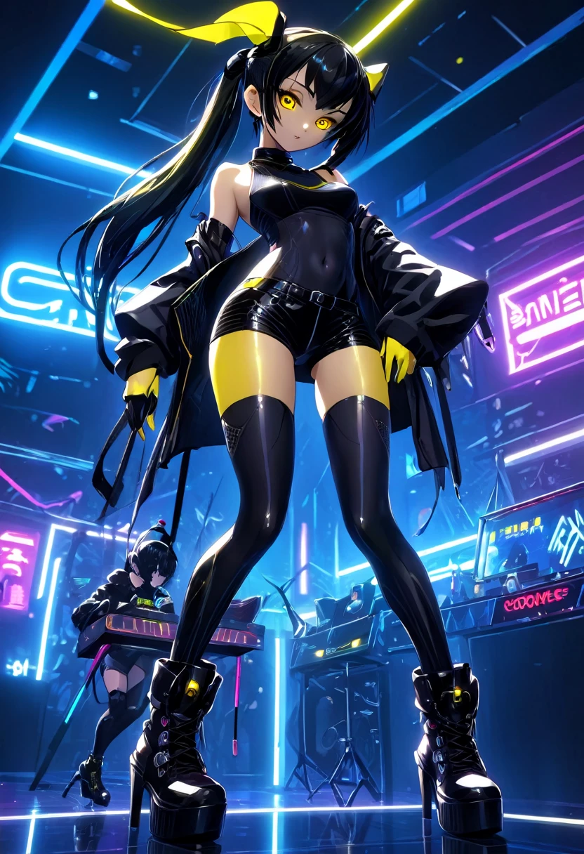 fantaisie cyberpunk, jolie petite fille robotique, les yeux jaunes, cheveux noirs avec queue de cheval, Oreilles percées, peau sombre, Doux sourire, Petits seins, Hanches larges, veste t-shirt débardeur groupe de rock, short en latex noir court et serré, chaussettes résille, bottes hautes noires, pose cool dans une discothèque avec des néons, chef-d&#39;œuvre, anime cyberpunk ecchi, tout le corps, vue dynamique, Qualité HD8K