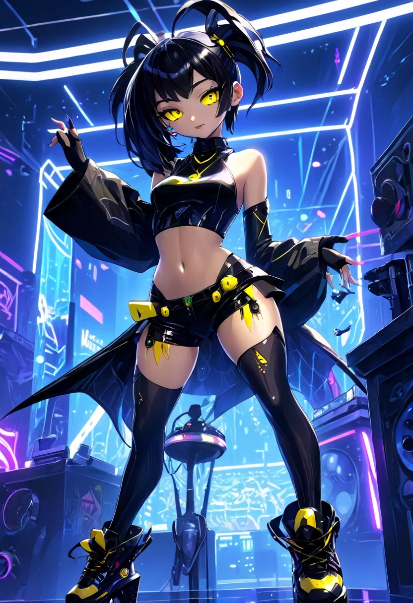 fantaisie cyberpunk, jolie petite fille robotique, les yeux jaunes, cheveux noirs avec queue de cheval, Oreilles percées, peau sombre, Doux sourire, Petits seins, Hanches larges, veste t-shirt débardeur groupe de rock, short en latex noir court et serré, chaussettes résille, bottes hautes noires, pose cool dans une discothèque avec des néons, chef-d&#39;œuvre, anime cyberpunk ecchi, tout le corps, vue dynamique, Qualité HD8K