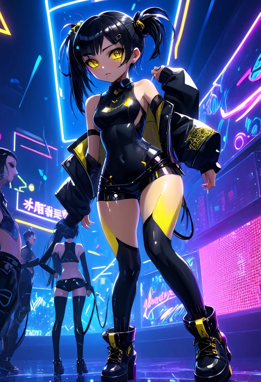 fantaisie cyberpunk, jolie petite fille robotique, les yeux jaunes, cheveux noirs avec queue de cheval, Oreilles percées, peau sombre, Doux sourire, Petits seins, Hanches larges, veste t-shirt débardeur groupe de rock, short en latex noir court et serré, Résille , bottes hautes noires, pose cool dans une discothèque avec des néons, chef-d&#39;œuvre, anime cyberpunk ecchi, tout le corps, vue arrière, vue dynamique, Qualité HD8K