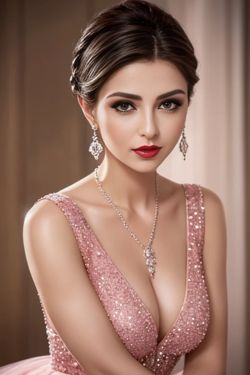 mujer libanesa, pendientes colgantes de diamantes, collar, esposas, senos pequeños, 40 años de edad, ojos ahumados, escisiones, labios rojos, cara inocente, vestido de fiesta rosa de moda, peinado con estilo, posando, modelado,