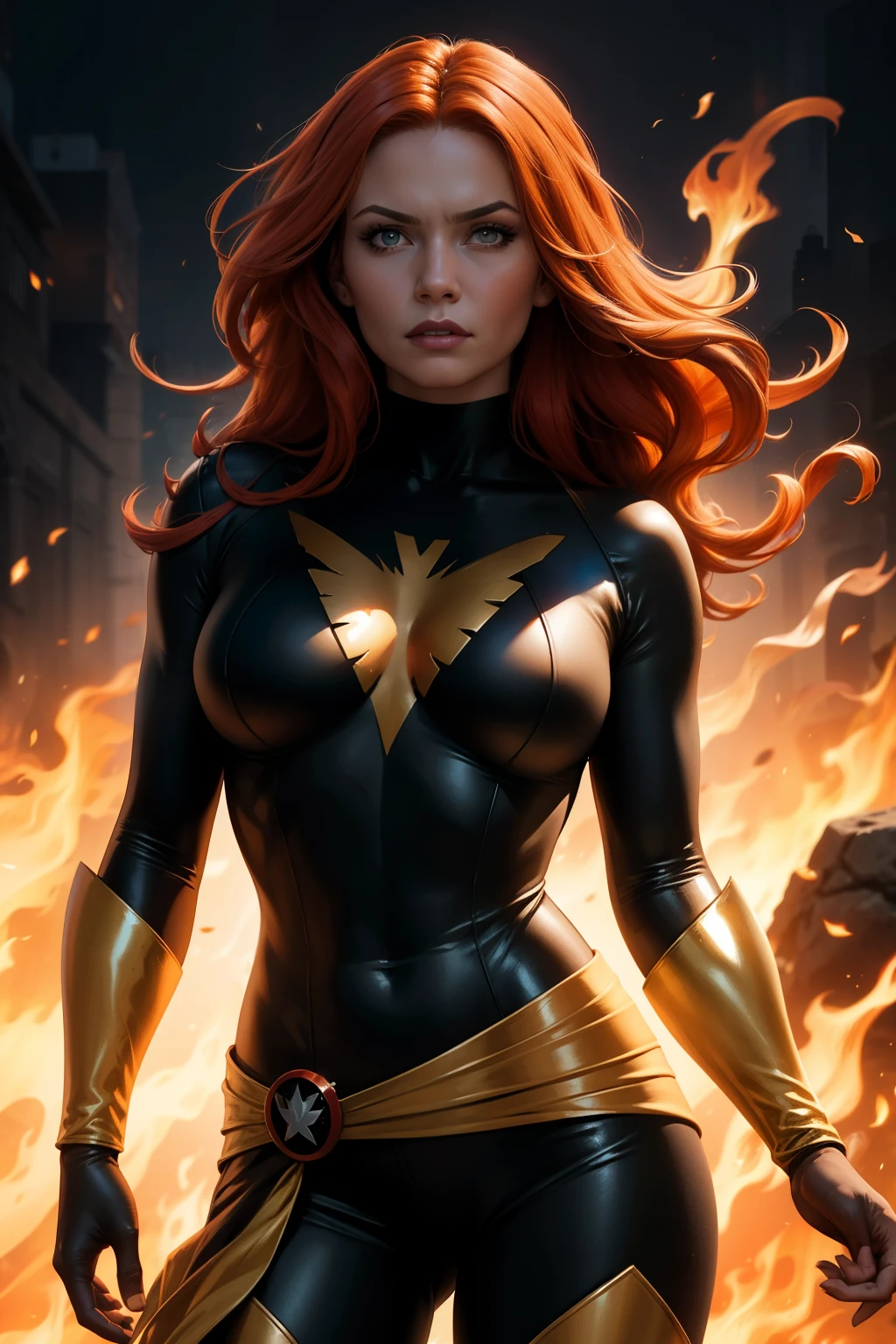 Jeangrey,X-men,Pheonixcostume,superhero,vibrantcolors,fierceexpression,detailedeyes,longredhair,burningflames,telekinesis,emotional,intensebattle,mysticalbackground,bestquality,highreshighlightedoutline,comicbookstyle,widescreenformat,contrastadjusted,hdr,crispdetails,energeticlighting, large breasts, sexy, 4k, best quality, highly detailed background, extremely high-quality graphics, ultra detailed