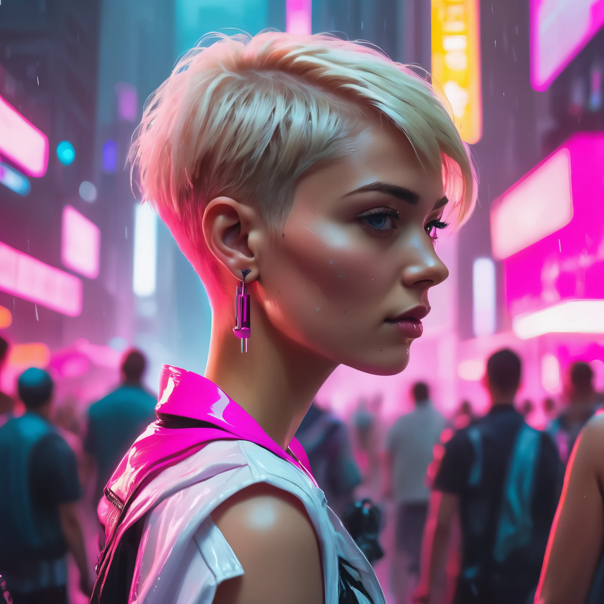 Woman in busy cyberpunk city, en una multitud de personas, iluminado con neón, ropa de verano futurista, De moda, lloviendo, hiper detallado, edificios corporativos altos, los colores clave son el rosa y el blanco, Retrato, mirando por encima del hombro, cabello corto de duendecillo rubio, tatuajes