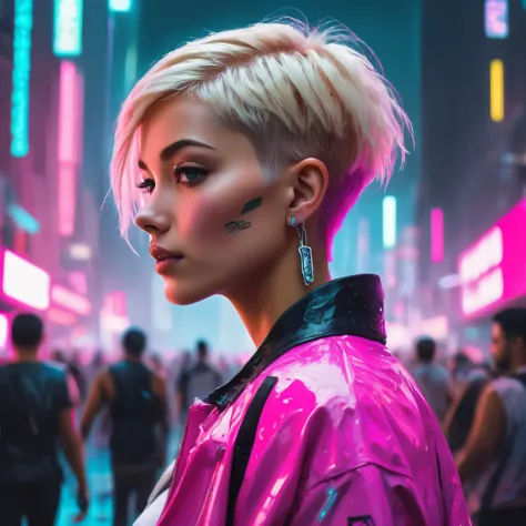 Woman in busy cyberpunk city, in a crowd of people, neon-lit, futuristic summer clothing, fashionable, raining, hyper detailed, ...