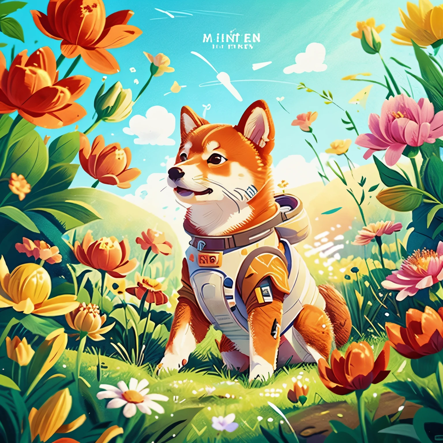 A Shiba Inu in a spacesuit  in a field of flowers 