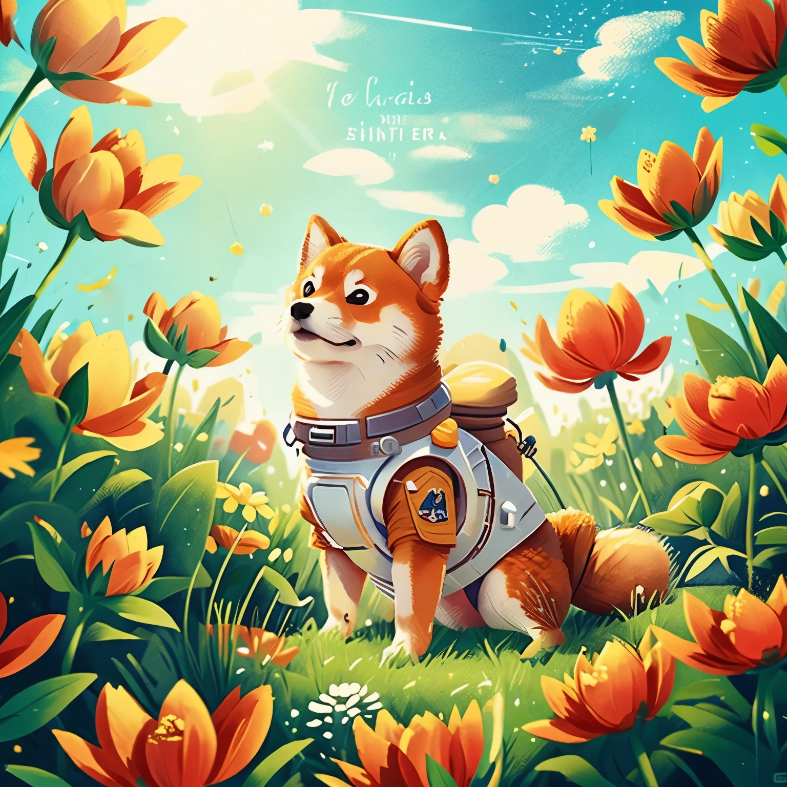 A Shiba Inu in a spacesuit  in a field of flowers 