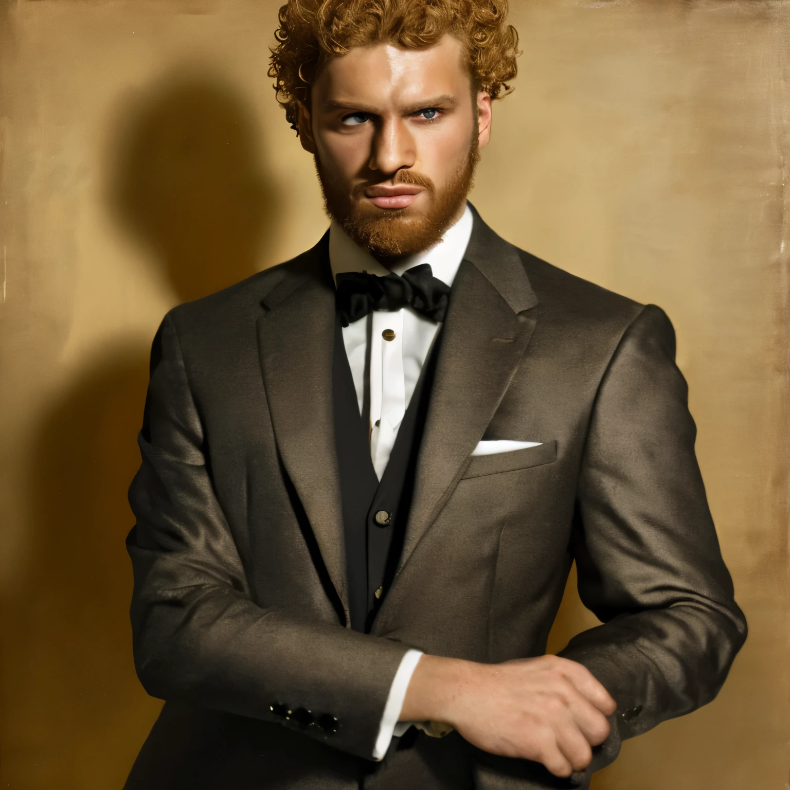 Chico,blond curly hair,hazel eyes,bearded,dressed in a stylish suit,attending a fancy ,intimidating gaze,[oil painting](medium),detailed facial features,ultra-fine painting,highres realism,professional,body language showing confidence and elegance,bright colors,studio lighting