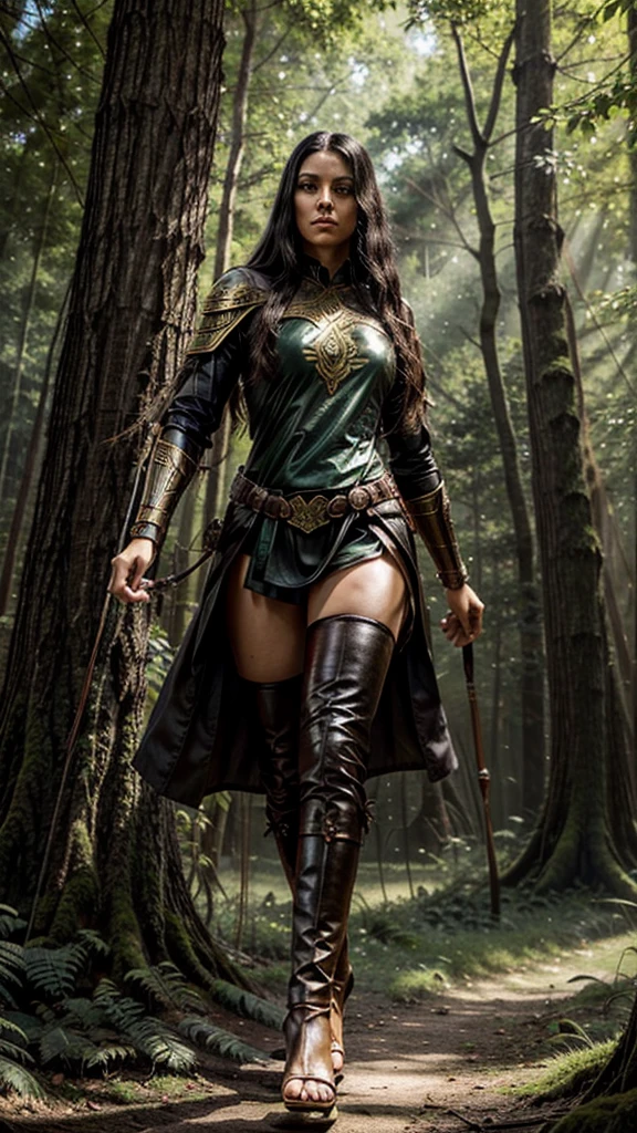 In the midst of an emerald forest, bathed in the golden light of the setting sun, an imposing figure appears: the Guardian of the Forest. Her long black hair, like wild waterfalls, falls in waves down her back, framed by a face of singular beauty. His green eyes, like sparkling emeralds, overflow with wisdom and ancient strength.

Clad in leather armor adorned with mystical runes, the Guardian exudes an aura of power and protection. His movements are graceful and precise, revealing years of training and mastery in archery. In his hands, an elaborate bow, carved from fine wood and adorned with magical symbols, pulses with arcane energy.

All around you, the forest pulses with life. Majestic trees stand like sentinels, their intertwined branches forming a verdant canopy. Vibrantly colored wildflowers dot the ground, while magical creatures lurk among the ferns. The scene is a portrait of pure natural beauty, a paradise untouched by the hand of man.